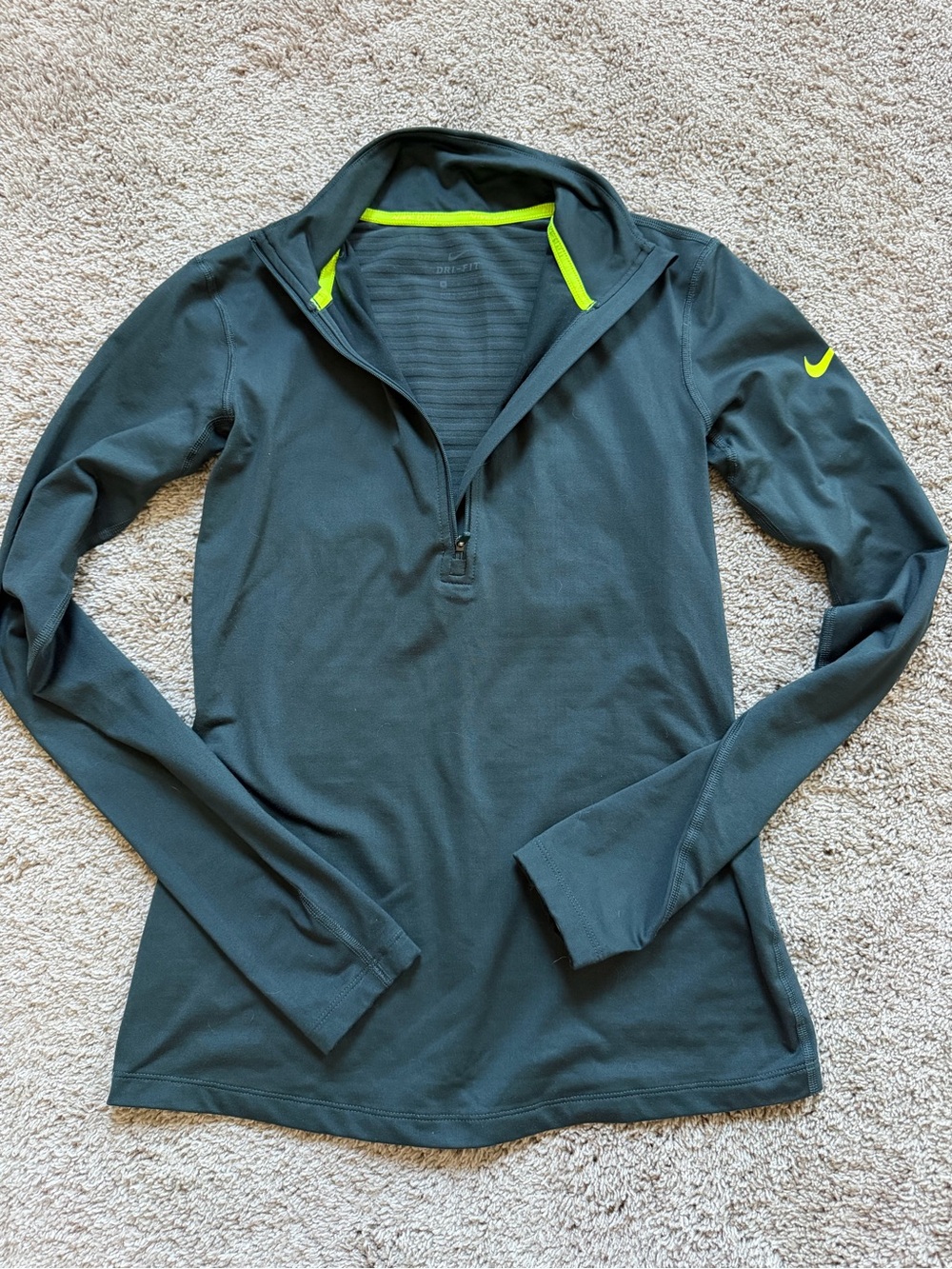 Nike Dri-FIT Dark Green Quarter Zip, Women’s Athletic Top w Neon Trim, Size M